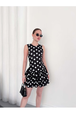 Verymoda Puantiyeli Sıfır Kol Elbise D2946 Siyah