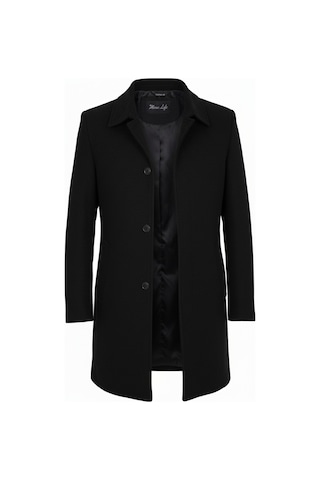 Erkek Siyah Dar Kesim Yün Karışımlı Kaşe Gömlek Yaka Palto Kaban-Siyah