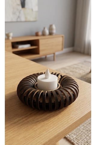 Donut Tealight Mumluk Ahşap Mumluk + Led Pilli Mum 1 Adet Ham Mdf