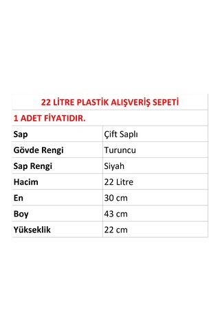 22 Litre Plastik Market Alışveriş El Sepeti Turuncu 1 Adet / En:30 Boy:43 Yükseklik:22 Cm Turuncu
