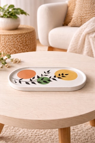 Modern Bohem Tarz Dekoratif Oval Tabak - El Yapımı Botanik Desenli Ev Dekoru 9,5 X 19 Cm
