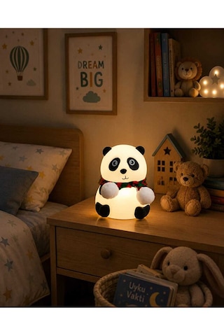 Sevimli Atkılı Panda Gece Lambası Yumuşak Typce Sarjlı 5 Renk Işıklı Çocuk Gece Lambası Beyaz