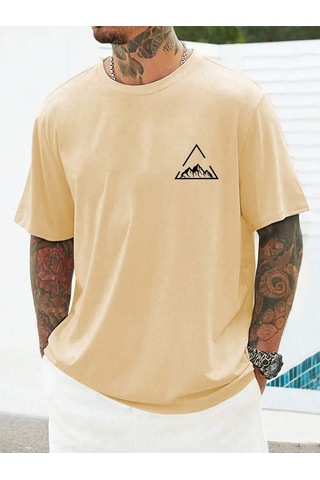 Üçgen Dağ T-shirt - Sarı Baskılı Oversize Bisiklet Yaka Kısa Kol Tişört Sarı