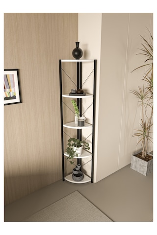 Alpa Ev Mobilya Üçgen Köşe Raf, 5 Raflı Metal Gövdeli Dekoratif Kitaplık, Çok Amaçlı Ünitesi Beyaz