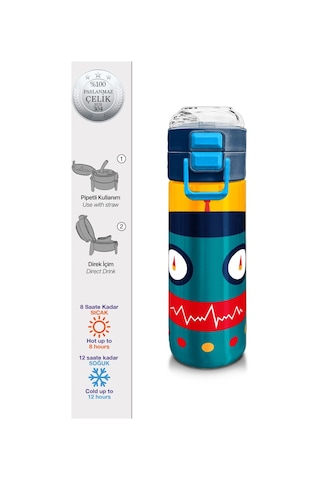 Coral High Kids Lacivert Çivit Robot Desenli Pipetli Ve Direkt İçim Çelik Termos 500 Ml 31918 Lacivert