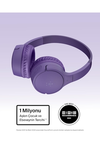 Belkin Soundform Mini Kablosuz Çocuk Kulaklığı, Entegre Mikrofonlu Ve Eğlenceli Çıkartmalı, 30 Saat Oynatma Ders, Tatil, iPhone, Apple iPad Uyumlu, Galaxy İçin Kulak Üstü Kulaklık, Lila
