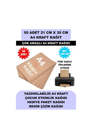 50 Adet A4 Kraft Kağıt 21x30 100 Gr. Yazıcı Uyumlu, Vintage Resim Kağıdı, Çocuk Etkinlik Kağıdı