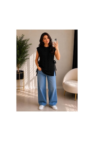 Hira Life Fashion Kadın Bisiklet Yaka Yanları Açık Bağcıklı Oversize Triko Süveter Siyah Siyah