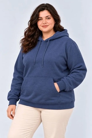 Zennamoda Battal Büyük Beden Üç İplik İçi Şardonlu Kapüşonlu Kanguru Cepli Kışlık Sweatshirt - Lacivert