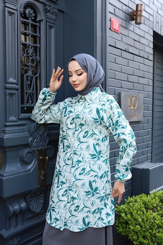 Kadın Yeşil Çiçek Desenli Pamuk Dokuma Kumaş Tunik Gömlek Etekli Takım Tk1417 Yeşil