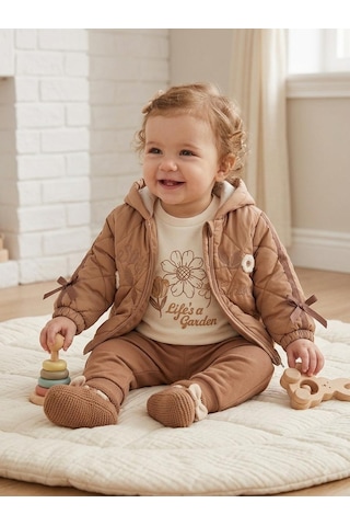 Efemkids Çiçek Nakışlı Kız Takım 6 Ay,12 Ay,18 Ay,2y Kız Bebek Takım 3'lü Baskılı Mont+basklı Uzun Kollu Body+ Pijama Yenidoğan Bebek Takım Gül Kurusu