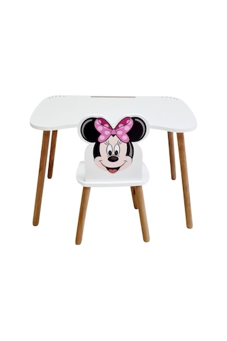 Liva Ahşap Ders Çalışma Masa Sandalye Takımı 4-12 Yaş Kişiye Özel Isimlik Hediyesi Ile Birlikte Pembe Minnie Mouse