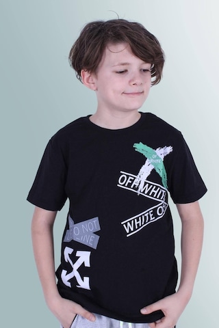Panios Kids X Baskılı Sıfır Yaka Erkek Çocuk Siyah T-shirt Siyah