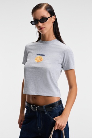 Ethıquet ELVERA Kadın %100 Pamuk Comfort Fit Baskılı Kısa Kollu Yuvarlak Yaka Grimelanj T-Shirt
