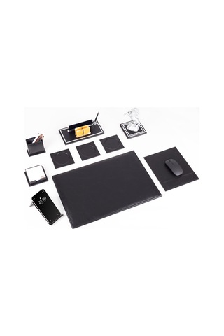 Opta 10 Parça Şahlanan At Biblolu Siyah Deri Sümen Seti Takımı Gümüş Ofis Masa İsimliği Lüks İsimlik