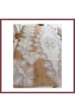 Storeşahin Salon Takımı Çeyizlik Krem Runner Set 5 Parça Keten Ranır Masa Konsol Sehpa Örtüsü Lavinya Shn0720