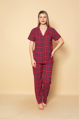 Kadın Gömlek Desenli Kısa Kol Pijama Akımı Kırmızı