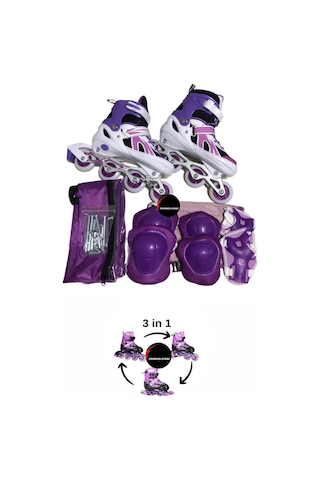 Işıklı Çocuk Pateni Silikon Ayarlanabilir Teker Metal Gövde Numaralı Ve Koruma Seti Mor