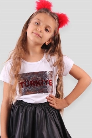 Breeze Kız Çocuk Tişört Pullu Ay Yıldızlı Beyaz (4-14 Yaş)