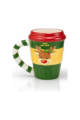 Yılbaşı Temalı El Yapımı Geyik Kupa, Hediyelik Kupa, Mug, 400 Ml Beyaz