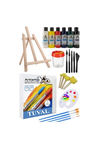 25x25 Tuval Seti 1 Paket Masa Üstü Şövale Monalisa Akrilik Boya Plastik Spatula Resim Fırçası Palet Ponpon Sünger Fırça