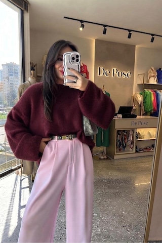 De Pose Kadın Triko Peluş Kazak Bordo