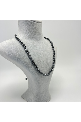 Yıldız Doğal Taş Hematit Doğal Taş 6 MM Makrome Kolye 45 CM - 55 CM Ayarlanabilir Gri