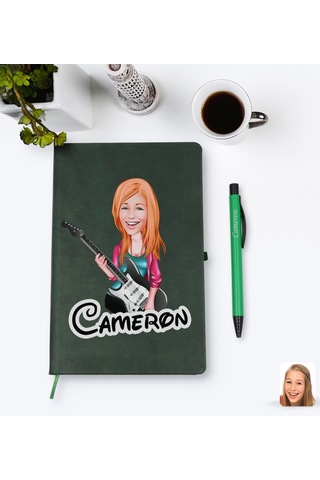 Kişiye Özel Kadın Gitarist Karikatürlü Yeşil Termo Deri Defter Ka