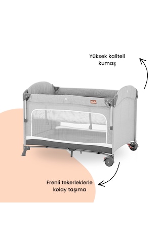 Gulz Omega Anne Yanı Sallanır Cibinlikli Oyun Parkı Bebek Beşik 70 x 110 CM + Yataklı Grey