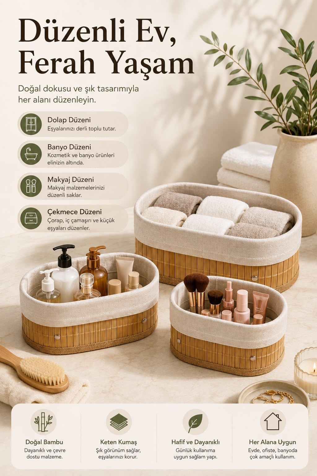 3'lü Bambu Organizer Sepeti İçi Kumaş Mutfak Banyo Dolap İçi Düzenleyici Sepetleri