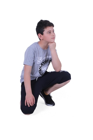 Fyk Kids Custom Yazı Baskılı Erkek Çocuk Yazlık Takım Melanj Gri