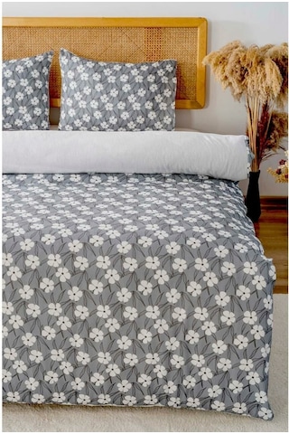 Gri Çift Kişilik Nevresim Takımı Pamuklu Çiçek Desenli Henna 200x215 Cm Gri