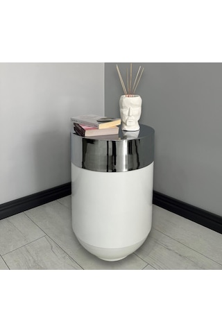 Dekoratif Krom Darbuka Parlak Beyaz Sehpa 70cm