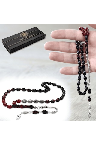 Tesbihname Ateş Kehribar Tesbih - 925 Ayar Gümüş Püskül - Özel Hediye Kutulu - Arpa Kesim - Kırmızı Siyah Renk Çok Renkli