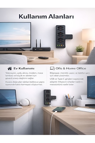 Ftro12 Kablosuz Termal Akım Korumalı 3'lü Priz 3'usb 1'type-c 20w