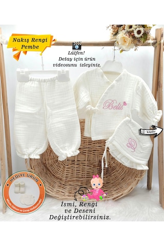 Gros Shop Yeni Doğan Müslin 3'li Kimono Bağcıklı Tulum %100 Pamuk Organik Ekru