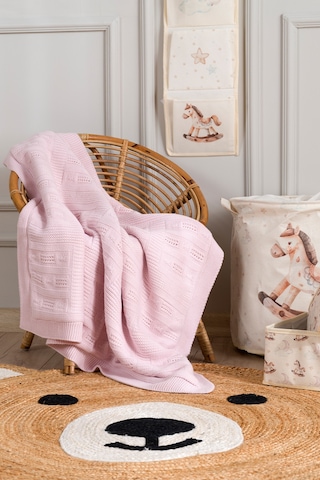 Toffy Toz Pembe Çizgili Örgü Bebek Battaniyesi 100x100 Pembe