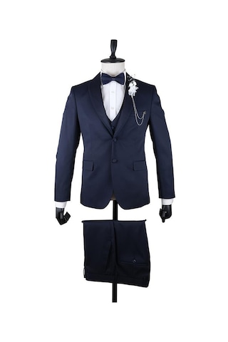 İmza Koyu Lacivert Desenli Armürlü Mono Yaka Astarlı Yelekli 6 Drop Slim Fit Dar Kesim Smokin Damatlık 1001220205-Koyu Lacivert