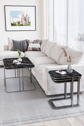 Lyon 3'lü C Zigon Sehpa Gümüş Metal - Siyah Mermer Tabla