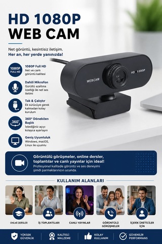 Webcam  Hd 1080p Konferans Kamera Dahili Mikrofon Görüntülü Sohbet Yayın Kamerası Hd Video