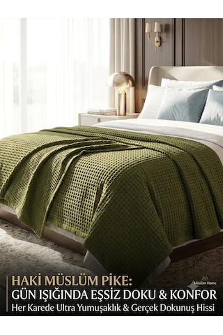 Premium %100 Pamuklu Müslin Waffle Pike - 160x235 Cm Ekstra Geniş Ve Uzun - Ultra Yumuşak Petek Dokulu Yatak Örtüsü Haki