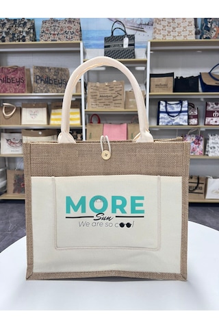 Moresun Organik Jüt Keten Kadın Çanta Orta Boy Tote El Ve Omuz Çantası -tablet & Telefon Cepli, Günlük Plaj Alışveriş Çantası 35x30x14 Cm Bej - Beyaz