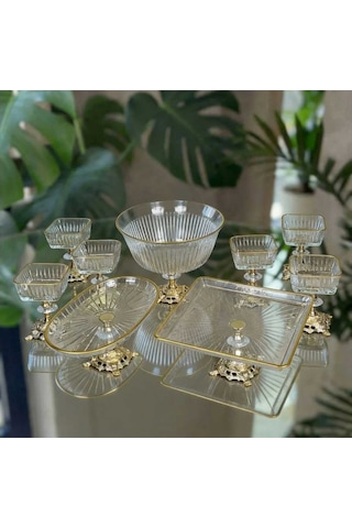 Çnr Home Collection Paşabahçe Gold Detayli Metal Ayakli Senum & Servis Seti Pasta, Magnolia, Kurabiyelik Gold