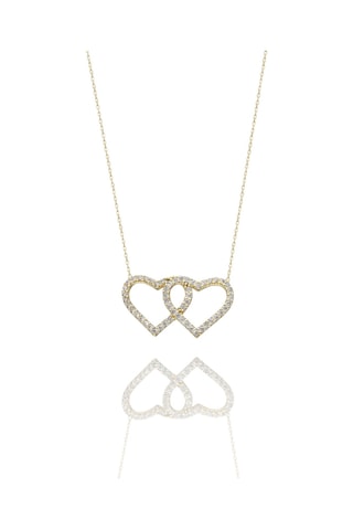 Çift İki Kalp Yan Yana Çok Şık 14 Ayar Altın Kolye