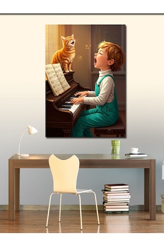 Kanvas Tablo Kedi Ve Çocuk Piyano Çalıyor 70cmx100cm