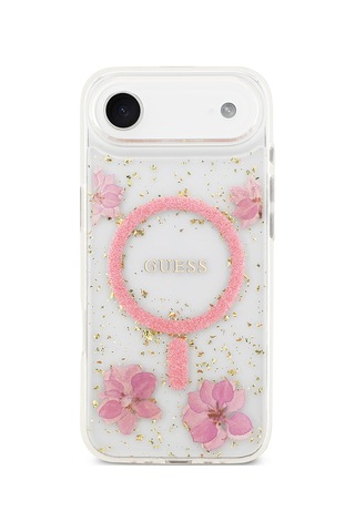 Apple Uyumlu iPhone 17 Air Kılıf Guess Lisanslı M-safe Şarj Özellikli Transparan Resin Flowers Kapak Pembe Pembe