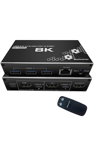 4669 Kumandalı Usb 3.0 4k Hdmi Kvm Switch 2 Port Rj45 Ethernet Pc