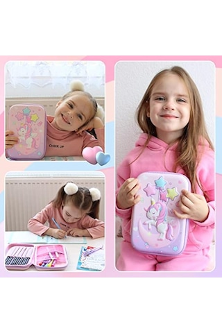 Unicorn Kabartmalı Çok Bölmeli Kalemlik 21 x 16 x 5 CM Pembe