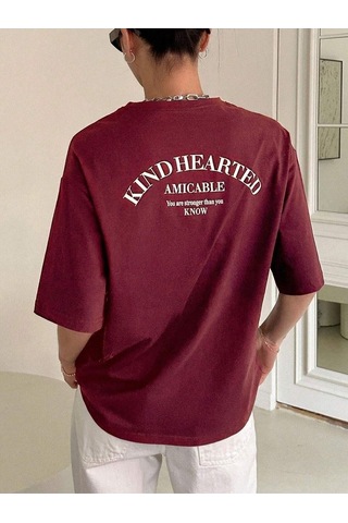 Flood Of Style Kadın Bordo Kind Hearted Baskılı Oversize T-shirt
