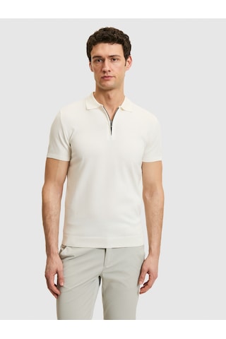 Beyaz Slim Fit Fermuarlı Polo Yaka Triko T-shirt
